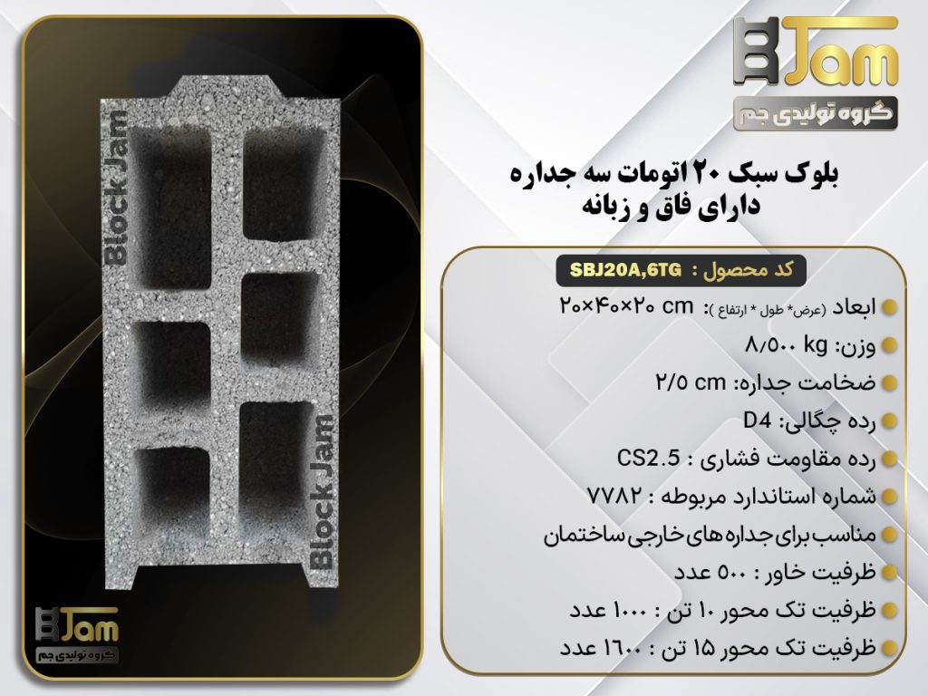 بلوک سبک 20 اتومات استاندارد سه جداره دارای فاق و زبانه