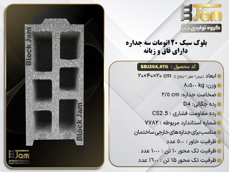 بلوک سبک 20 اتومات استاندارد سه جداره دارای فاق و زبانه