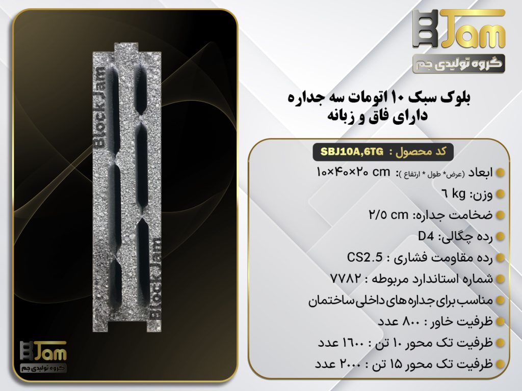 بلوک سبک استاندارد اتومات سه جداره دارای فاق و زبانه